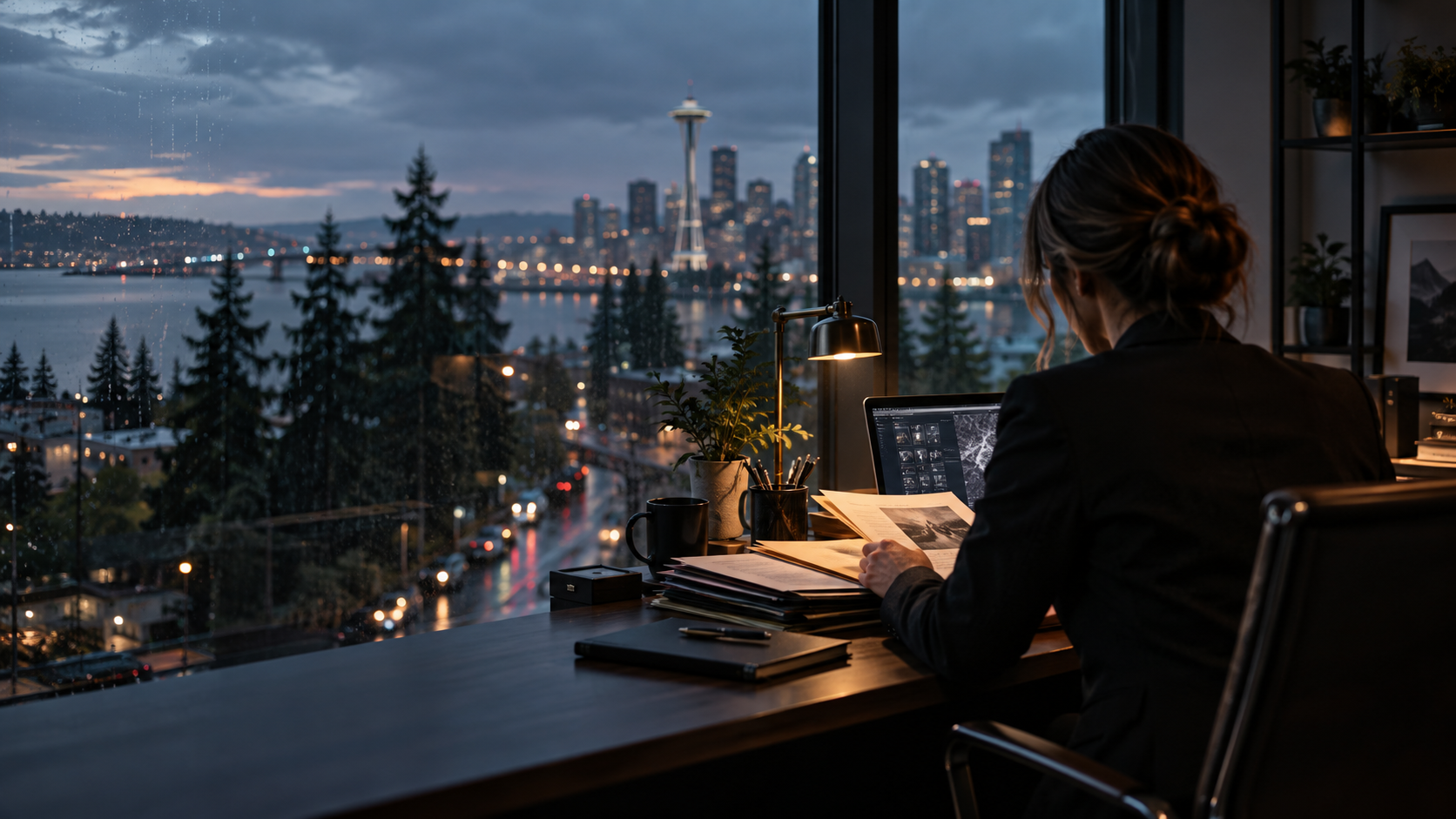 Private investigator reviewing a case file with the Seattle skyline beyond the window